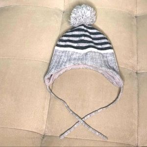 2/$8 H&M Baby Gray & White Strip Knitted Fleece Lined Hat with Ear Flaps(6-12M)